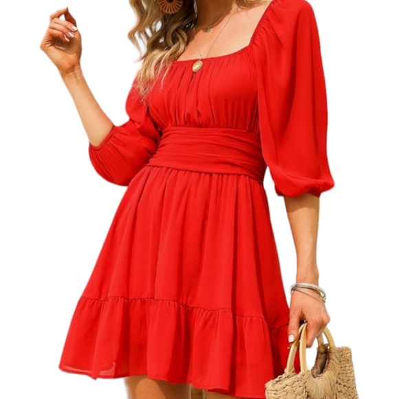 Exlura SM Red Ruffled Bell Sleeve Off-the-Shoulder Mini Flare Dress - Picture 4 of 8
